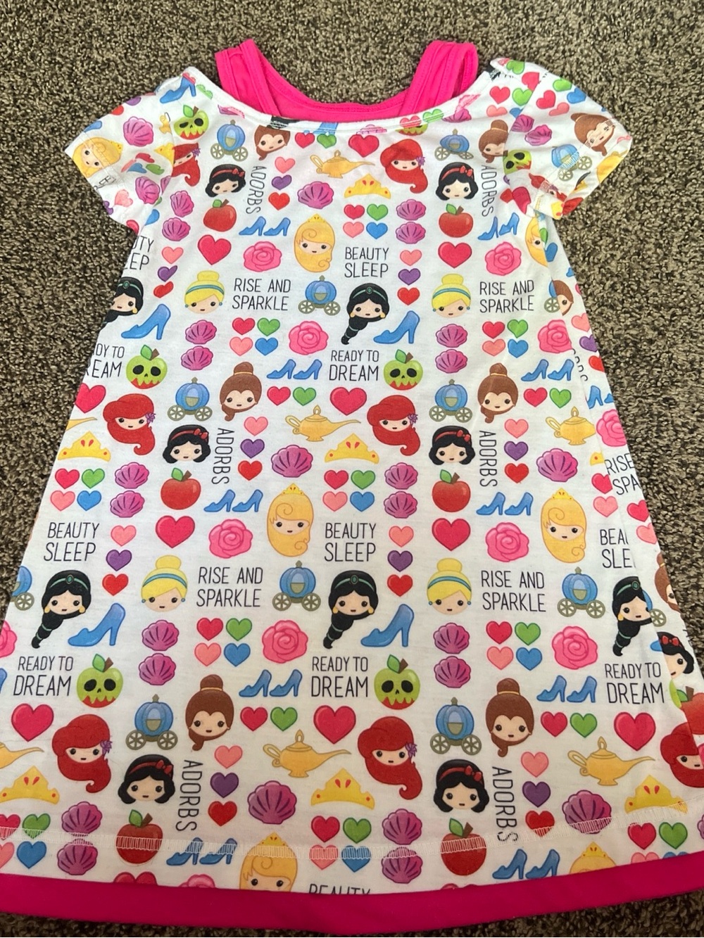 Disney Girls' Multicolor Princess Print Nightgown with Hot Pink Trim
